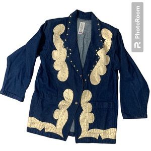 VINTAGE MADE IN USA Denim Gold embellished fancy show jacket LARGE *UNIQUE*